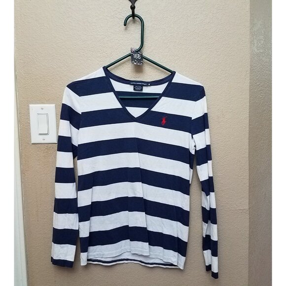 Ralph Lauren Sport Women's Striped Long Sleeve Shirt V-Neck Medium Pima Cotton M - Picture 4 of 11